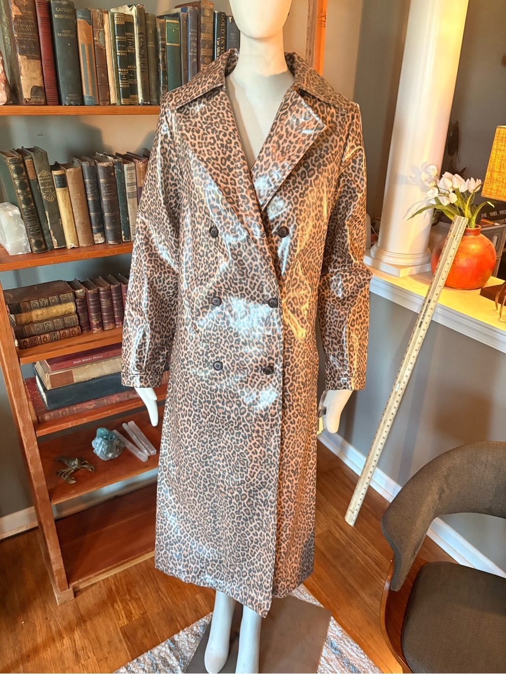 Something Navy Leopard Print Vinyl Trench Coat - Brown & Black